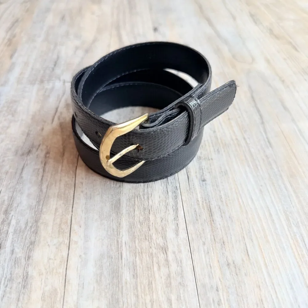Vintage Black Textured Leather Belt Gold Buckle Size 30 Classic Minimalist